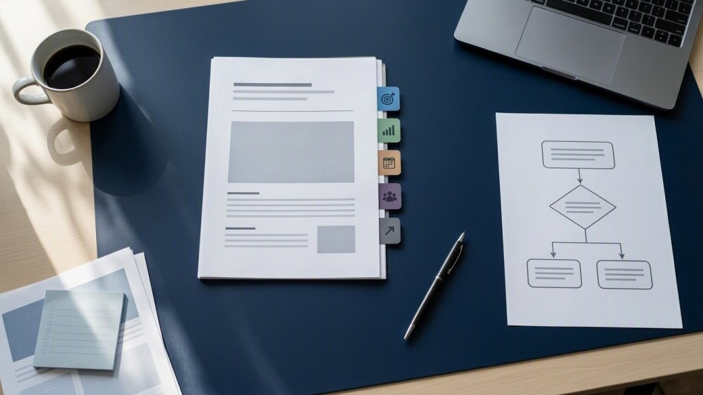 Consultancy owner reviewing a concise proposal checklist beside a client decision timeline