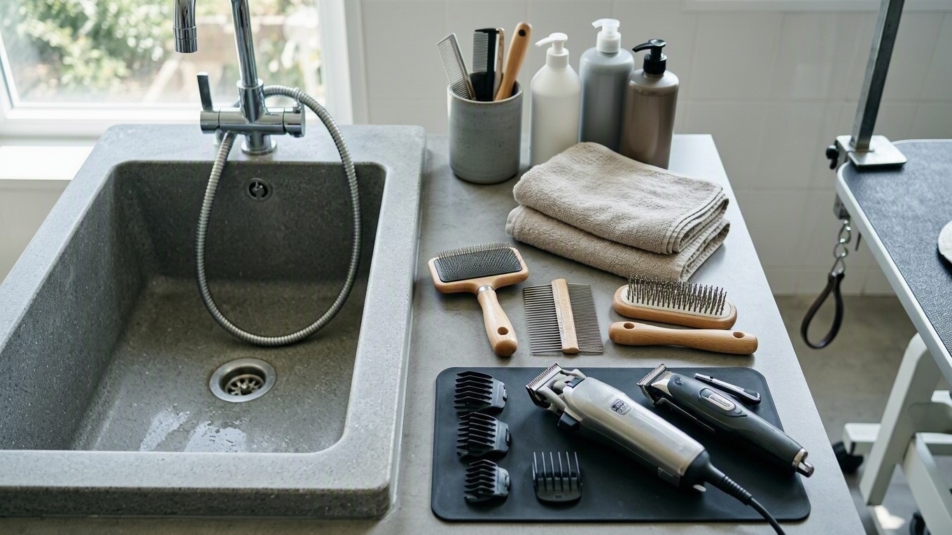 Close overhead editorial photograph of a dog-grooming workstation with clean brushes, clippers and folded towels beside an empty wash basin in crisp daylight, with no labels or writing.
