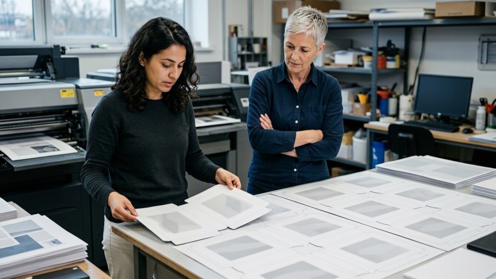 New print-shop employee compares a practice packaging sheet with a finished sample beside a manager