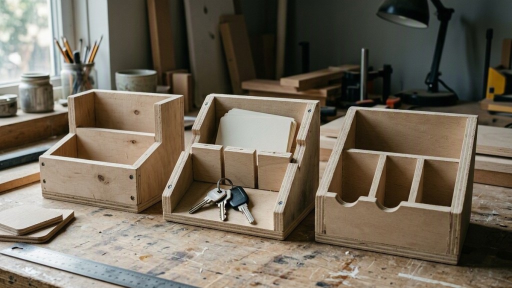 Maker reviewing a simple organizer mockup beside notes from conversations about kitchen storage habits