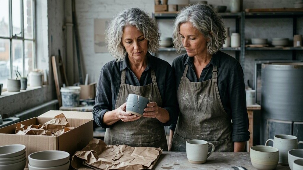 Studio owner reviewing shipping damage tags beside wrapped ceramic mugs and packing materials