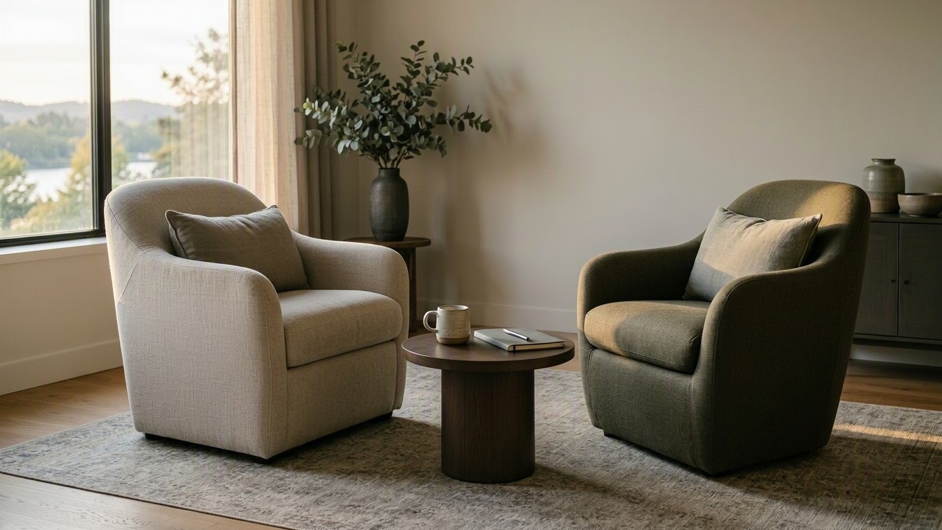 Wide side view of two different upholstered chairs angled toward each other in a quiet coaching room, with a small empty round table between them in warm afternoon light; no books, screens or lettering.