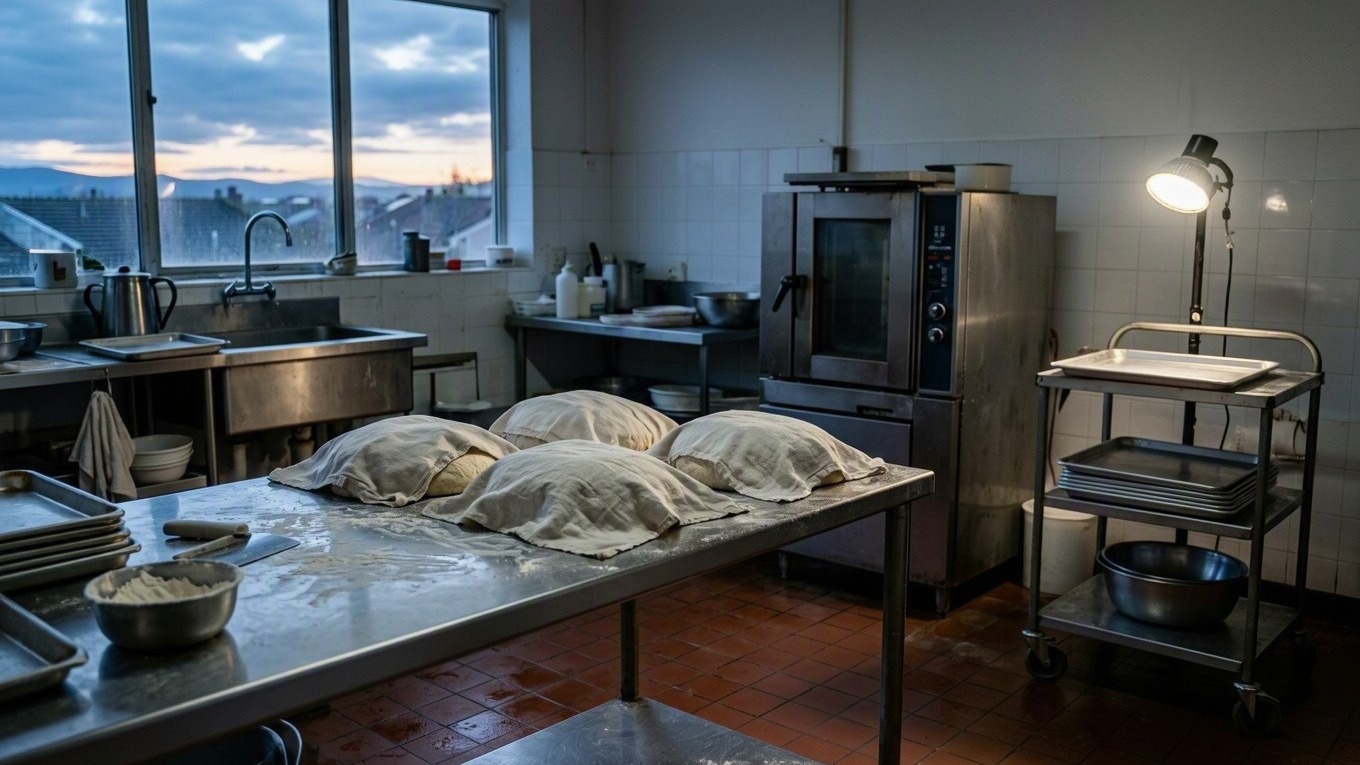 A baker checks an order list beside a phone and a backup workspace contact sheet