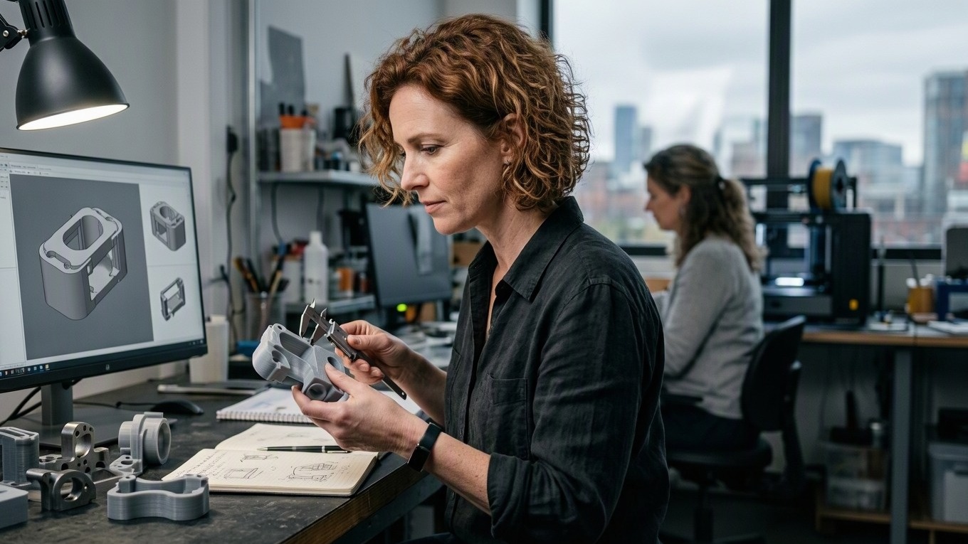 Professional reviewing an AI-assisted design proposal against client requirements before approving delivery