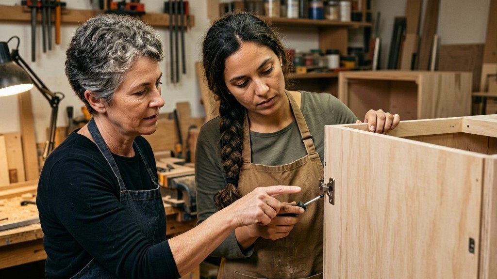 A workshop supervisor and cabinet maker reviewing the alignment of an unfinished wooden door