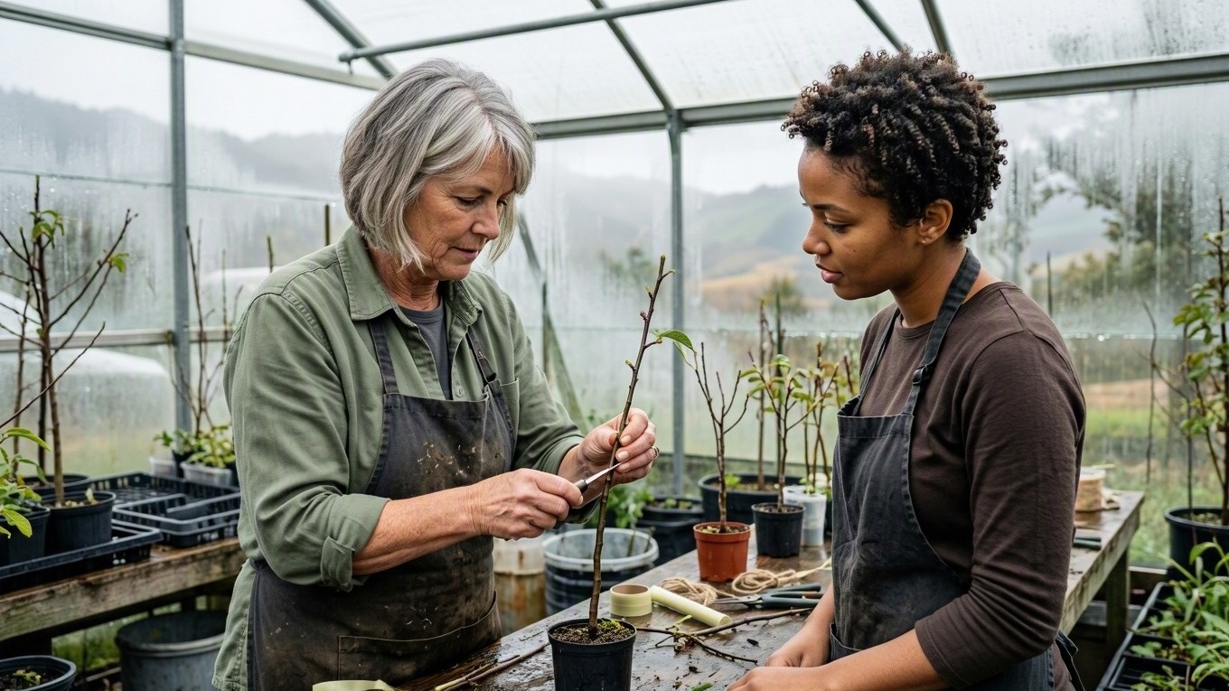 Two greenhouse colleagues reviewing production schedules and supplier details beside rows of plants