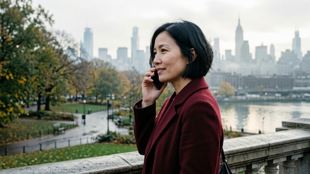 Medium side view of a woman in her 40s with a short black bob and burgundy coat making a relaxed phone call beside a leafy city park in cool morning light.