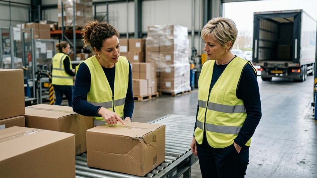 A warehouse coordinator and supervisor inspect a damaged parcel at a loading bench.