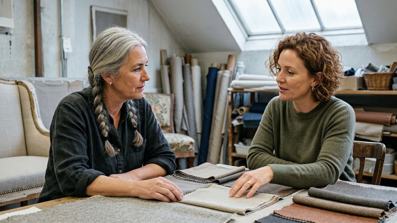 Two women at a conference table clarifying a project request before reviewing a creative brief